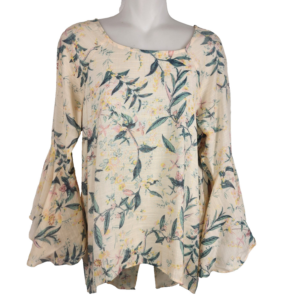 Lauren Conrad Top M Floral Bell Sleeves Split Back Hem Tropical Whimsy Cottage